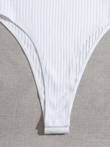 SHEIN EZwear Lettuce Trim Rib-knit Tee Bodysuit - White - View 3