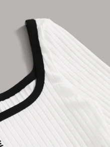 SHEIN EZwear Contrast Trim Embroidered Letter Rib-knit Top - White - View 5