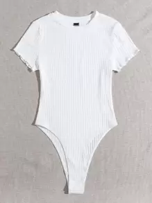 SHEIN EZwear Lettuce Trim Rib-knit Tee Bodysuit - White - View 4