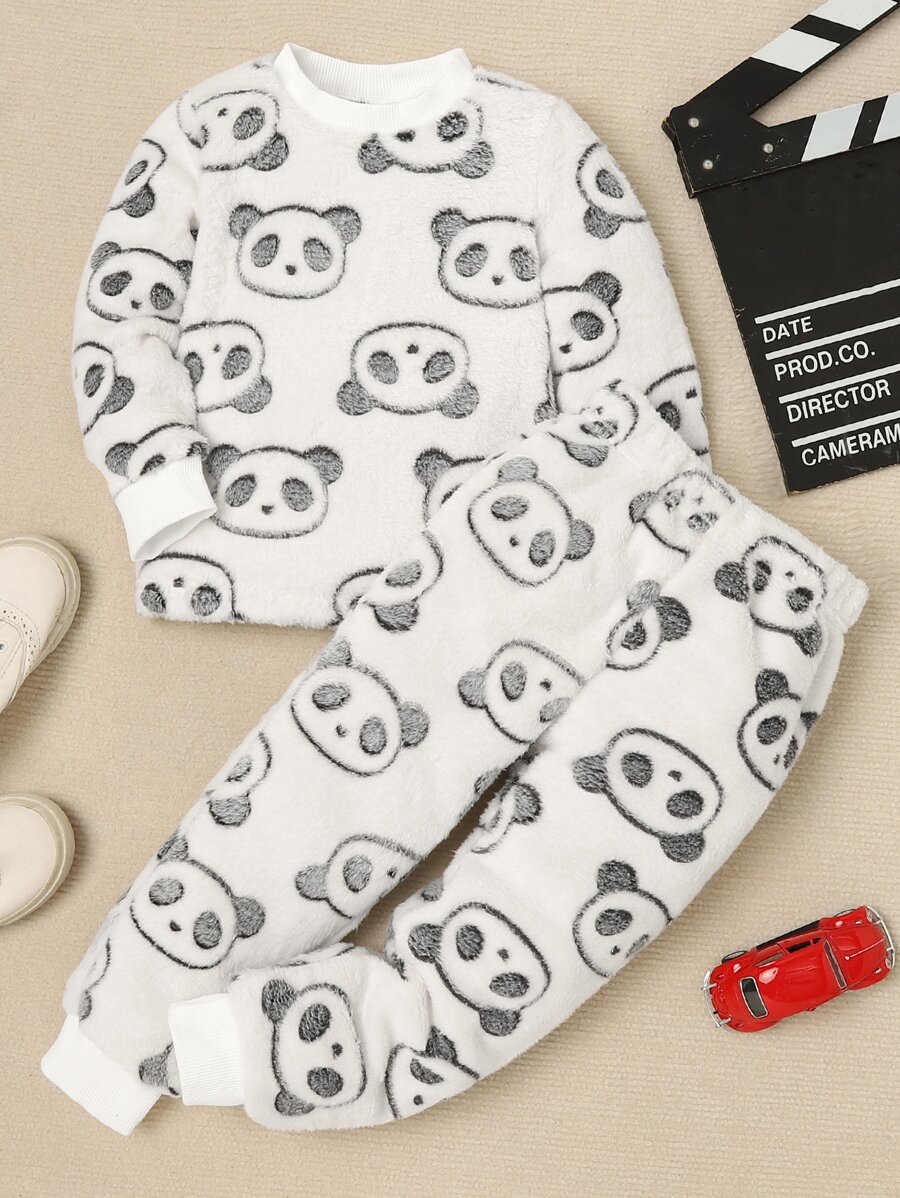 Boys (little) Bear Plush T-shirt Trousers Home Wear Set - White - View 1