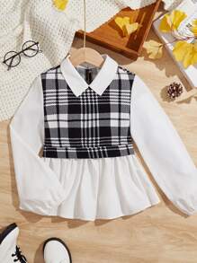 SHEIN Niñas Camisa 2 en 1 con estampado de cuadros bajo con fruncido - Blanco y Negro - Ver 1