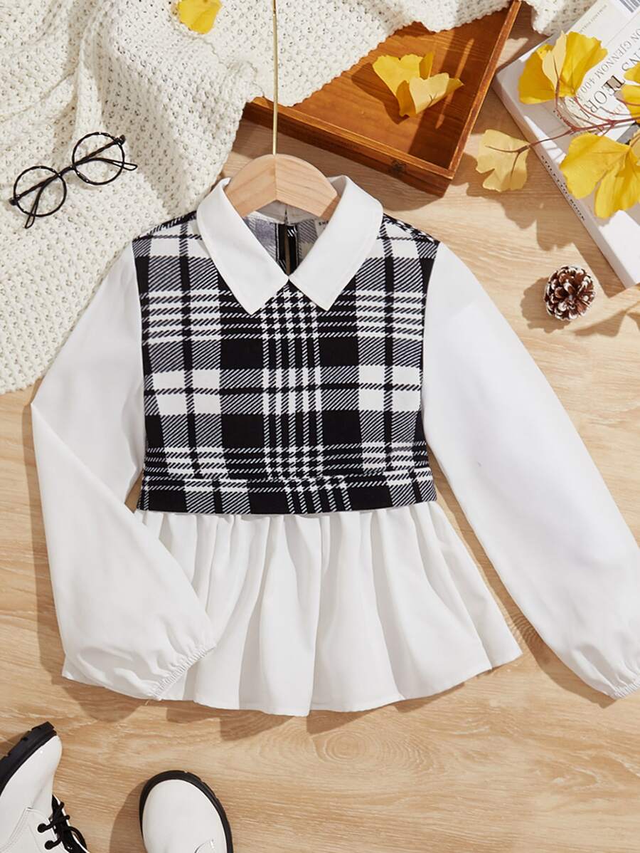 SHEIN Niñas Camisa 2 en 1 con estampado de cuadros bajo con fruncido - Blanco y Negro - Ver 1