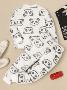 Boys (little) Bear Plush T-shirt Trousers Home Wear Set - White - View 2