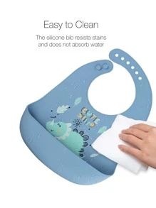 1pc Baby Bibs - Animal & Dinosaur Design Silicone Bibs, Adjustable, Waterproof, Easy To Clean, Suitable For All Seasons - Blue - View 6