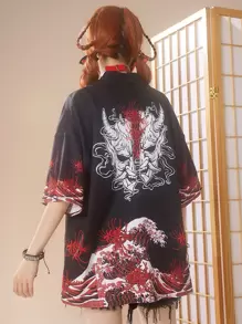 ROMWE J-Fashion 波浪和口罩印花落肩袖開門襟和服罩衫 - 黑色 - 查看 2