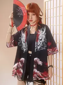 ROMWE J-Fashion 波浪和口罩印花落肩袖開門襟和服罩衫 - 黑色 - 查看 3