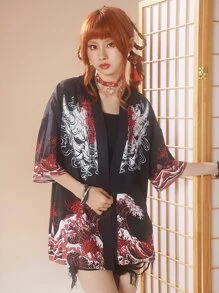 ROMWE J-Fashion 波浪和口罩印花落肩袖開門襟和服罩衫 - 黑色 - 查看 4