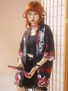 ROMWE J-Fashion 波浪和口罩印花落肩袖開門襟和服罩衫 - 黑色 - 查看 5