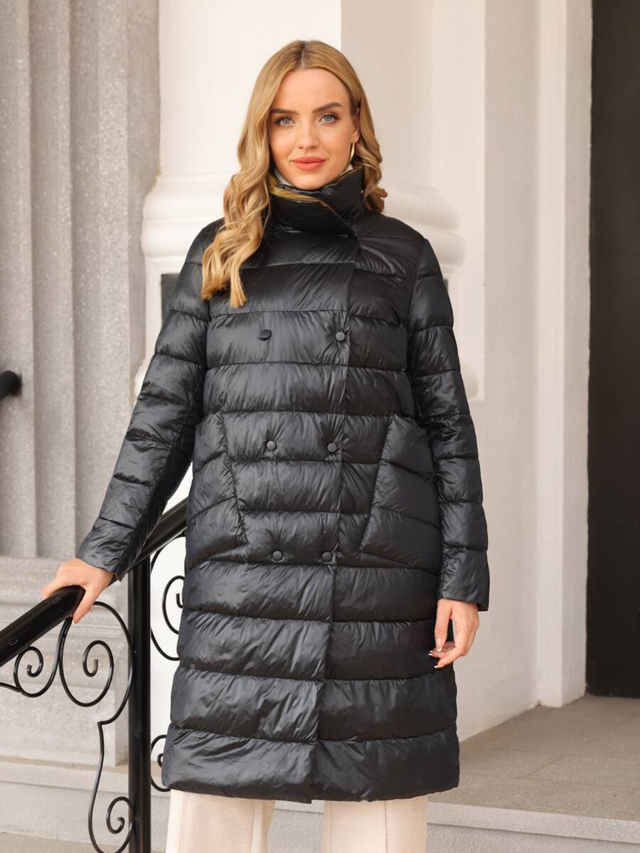 Cazadora acolchada de doble botonadura unicolor - Negro - Ver 1