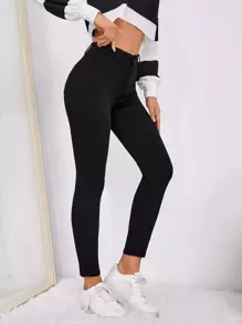 SHEIN EZwear Women Solid Color Casual Simple Skinny Pants, For Spring And Summer - Black - View 1