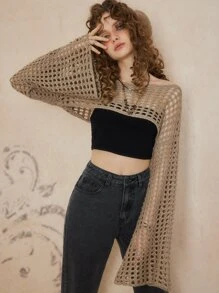 ROMWE Fairycore 夏季钩针纯色镂空短款毛衣，学校