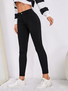 SHEIN EZwear Women Solid Color Casual Simple Skinny Pants, For Spring And Summer - Black - View 4