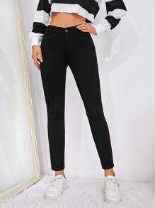 SHEIN EZwear Women Solid Color Casual Simple Skinny Pants, For Spring And Summer - Black - View 5