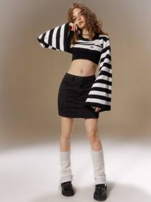 ROMWE Grunge Punk Áo len nữ Bị tách Sọc Giải trí - Đen và trắng - Xem 6