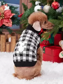 1件黑白格紋馴鹿圖案寵物聖誕毛衣,適用於小型、中型和大型狗和貓 - 黑與白 - 查看 1