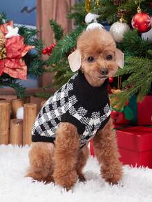 1件黑白格紋馴鹿圖案寵物聖誕毛衣,適用於小型、中型和大型狗和貓 - 黑與白 - 查看 2