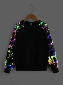 SHEIN Girls Reflective Splash Ink Print Raglan Sleeve Pullover
