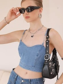 SHEIN MOD Chain Detail Zip Back Cami Denim Top - Medium Wash - View 2