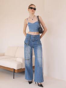 SHEIN MOD Chain Detail Zip Back Cami Denim Top - Medium Wash - View 6