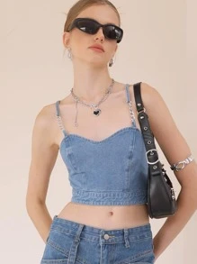 SHEIN MOD Chain Detail Zip Back Cami Denim Top - Medium Wash - View 7