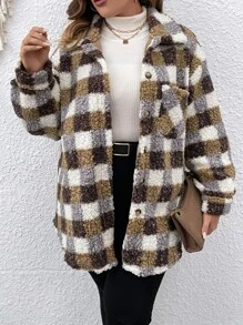 SHEIN LUNE 大碼大方格圖案落肩袖法蘭絨外套 - 摩卡棕 - 查看 1