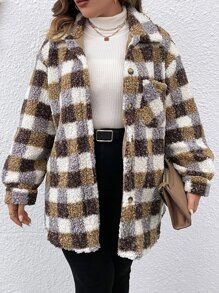 SHEIN LUNE 大碼大方格圖案落肩袖法蘭絨外套 - 摩卡棕 - 查看 4