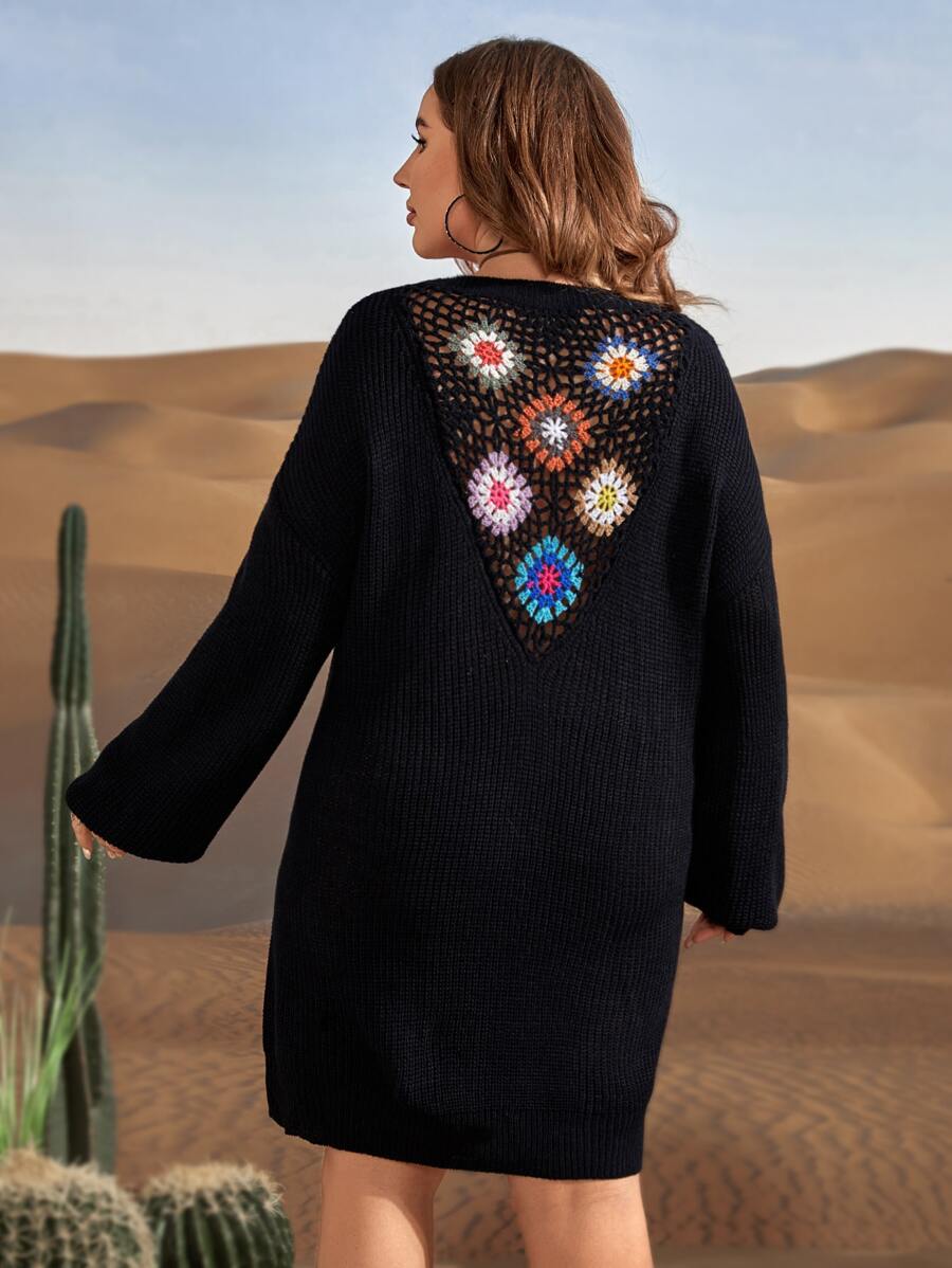 Plus Floral Embroidery Drop Shoulder Jumper Dress Without Belt - Black - View 1