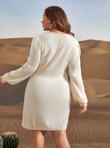 SHEIN Clasi Plus Lantern Sleeve Jumper Dress Without Belt - Beige - View 2