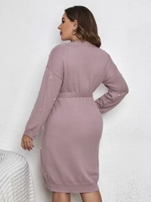 Modelyn Plus Pearls Beaded Drop Shoulder Belted Jumper Dress - Dusty Pink - View 2