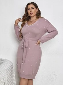 Modelyn Plus Pearls Beaded Drop Shoulder Belted Jumper Dress - Dusty Pink - View 1