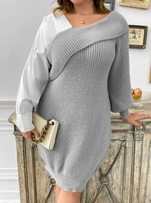 SHEIN Clasi Vestido de punto de dos tonos de cuello asimétrico - Gris Claro - Ver 1