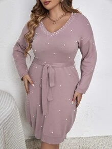 Modelyn Plus Pearls Beaded Drop Shoulder Belted Jumper Dress - Dusty Pink - View 5