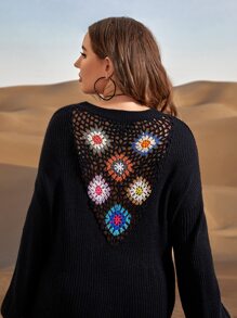 Plus Floral Embroidery Drop Shoulder Jumper Dress Without Belt - Black - View 7