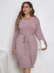 Modelyn Plus Pearls Beaded Drop Shoulder Belted Jumper Dress - Dusty Pink - View 3