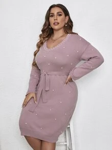 Modelyn Plus Pearls Beaded Drop Shoulder Belted Jumper Dress - Dusty Pink - View 6