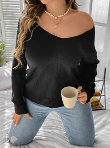 SHEIN Clasi Plus Twist Back Lace Detail Drop Shoulder Sweater Knit Pullover Fall Winter - Black - View 4