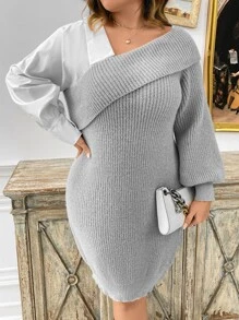 SHEIN Clasi Vestido de punto de dos tonos de cuello asimétrico - Gris Claro - Ver 5