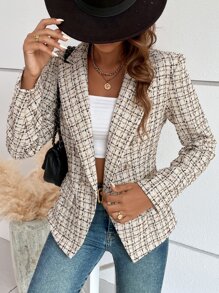 SHEIN Frenchy 秋冬格纹双排扣粗花呢西装外套 - 彩色 - 查看 3