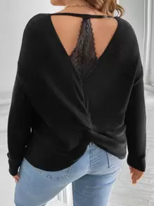 SHEIN Clasi Plus Twist Back Lace Detail Drop Shoulder Sweater Knit Pullover Fall Winter - Black - View 5