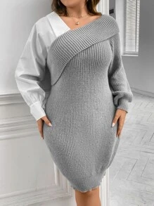 SHEIN Clasi Vestido de punto de dos tonos de cuello asimétrico - Gris Claro - Ver 6