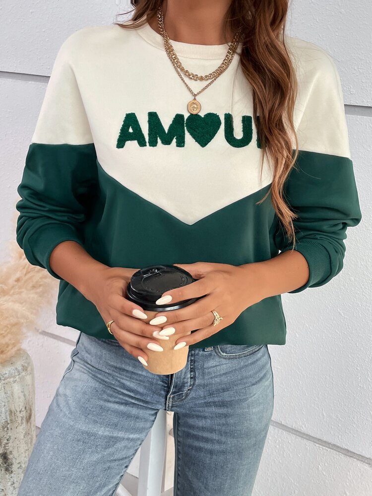 SHEIN Frenchy Letter Pattern Two Tone Sweatshirt - Dark Green - View 5