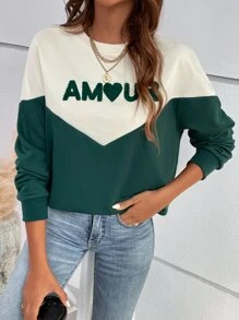 SHEIN Frenchy 字母圖案雙色運動衫 - 墨綠色 - 查看 6