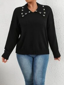SHEIN Unity Plus Pearl Beaded Drop Shoulder Jumper - Black - View 3