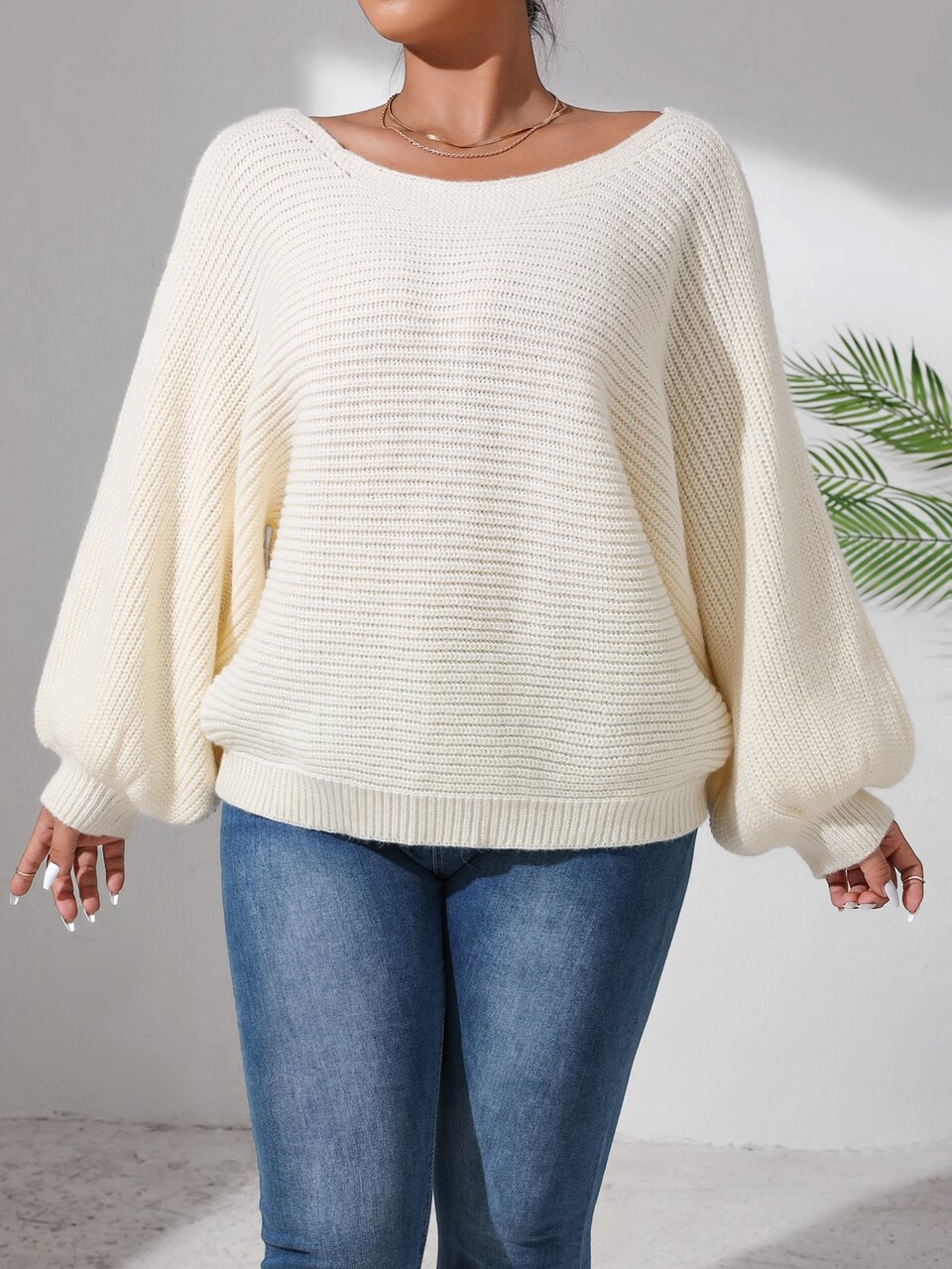 Plus Lace Up Back Batwing Sleeve Sweater Knit Pullover Fall Winter Autumn