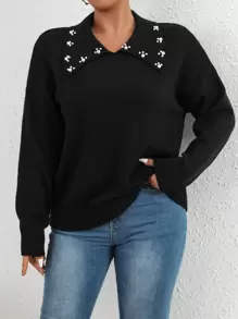 SHEIN Unity Plus Pearl Beaded Drop Shoulder Jumper - Black - View 1