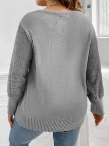 SHEIN LUNE 撞色蕾丝纽扣细节针织套头衫，秋冬款 - 灰色 - 查看 2