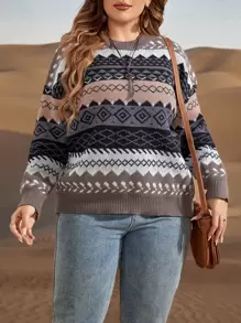 SHEIN LUNE 加大码几何图案落肩针织套头衫，秋冬款 - 彩色 - 查看 1