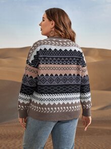 SHEIN LUNE 加大码几何图案落肩针织套头衫，秋冬款 - 彩色 - 查看 2