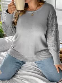 SHEIN LUNE 撞色蕾丝纽扣细节针织套头衫，秋冬款 - 灰色 - 查看 3