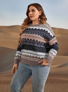 SHEIN LUNE 加大码几何图案落肩针织套头衫，秋冬款 - 彩色 - 查看 3